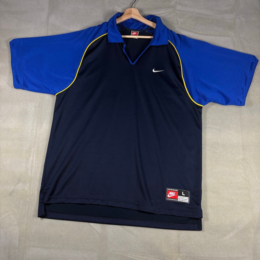 Nike Y2K Colorblock Polo Shirt Mens L Navy Blue Yellow Swoosh Athletic Vintage